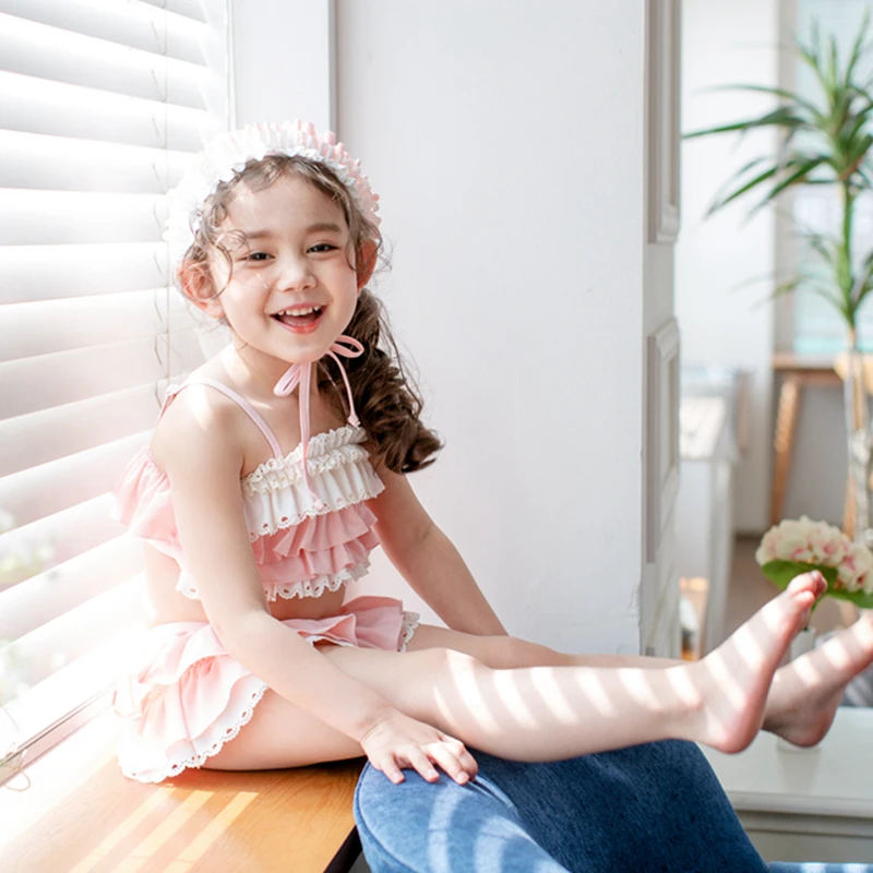 Детский купальник бикини 3 предмета для девочек с рюшами розовый комплект