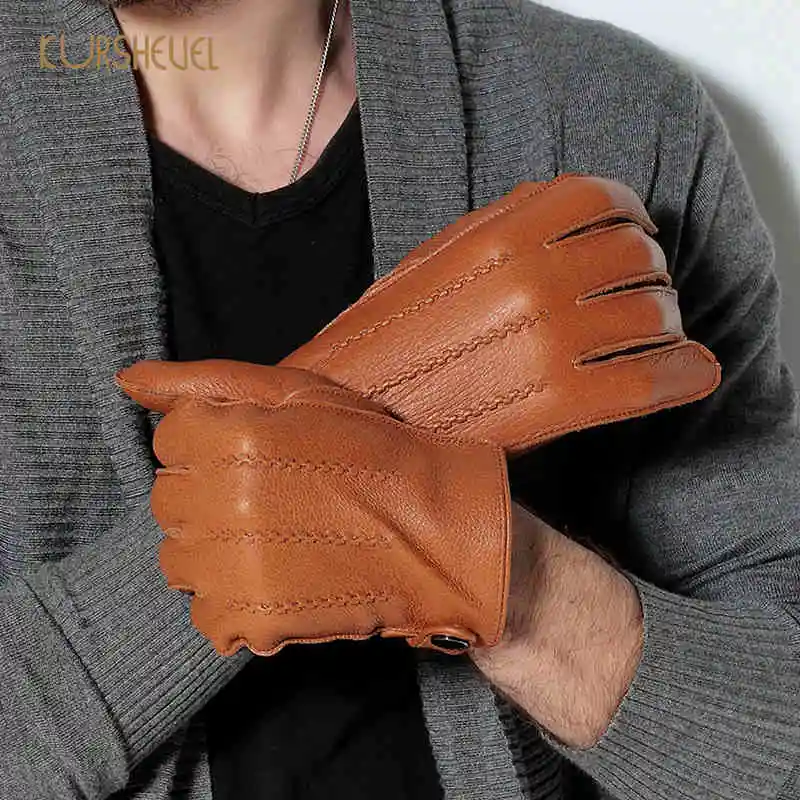 Модные мужские перчатки из оленьей кожи, мужские зимние вязаные теплые перчатки для вождения