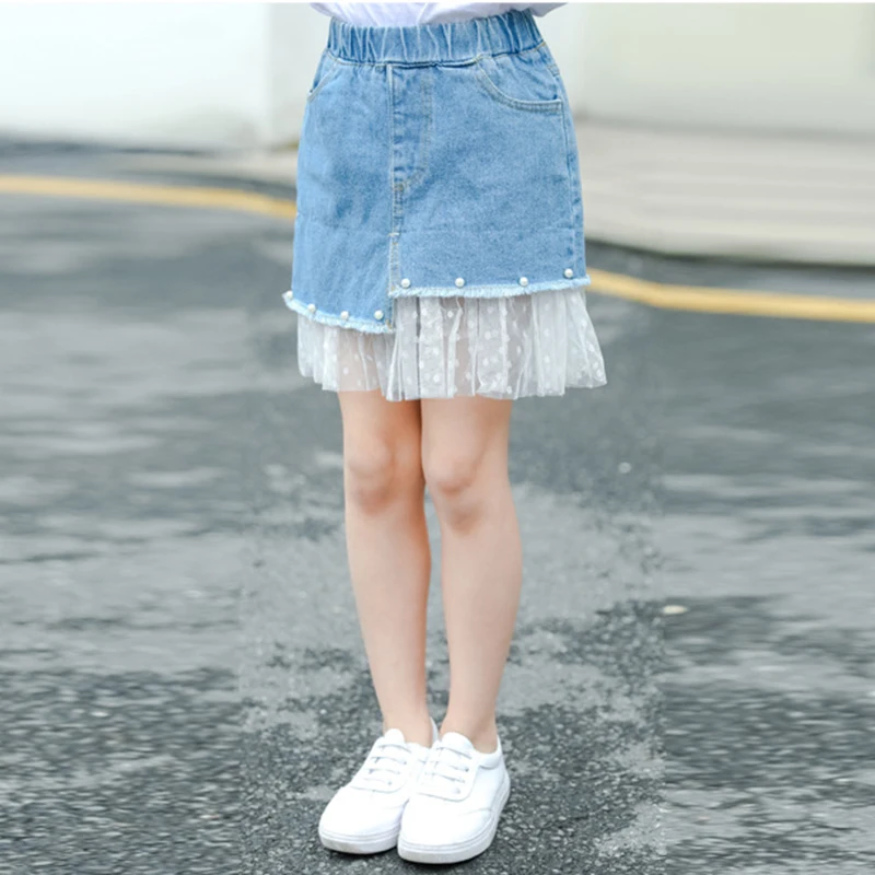 Для девочек-подростков джинсовая юбка-пачка летний детей с кружевом жемчугом
