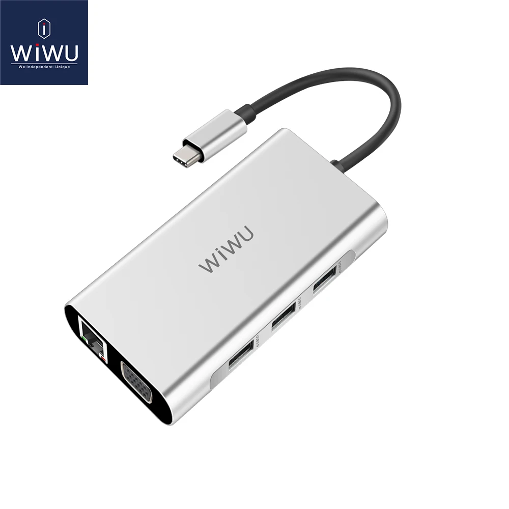 Серебристый WIWU 10 в 1 usb-хаб для MacBook USB C к HDMI/VGA/RJ45 Thunderbolt 3 адаптер для Dell/samsung/huawei P20 Pro type-c USB 3,0 концентратор - Цвет: Серебристый