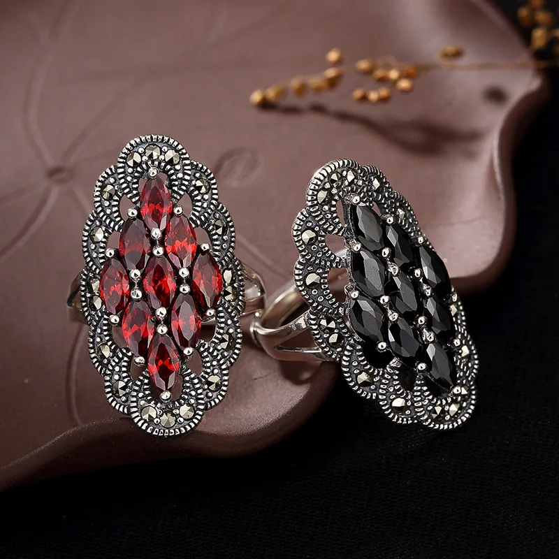 

L&P Thai Silver Marcasit Chalcedony & Agate Ring For Women Retro Personality 925 Sterling Silver Ring Jewel For Gift
