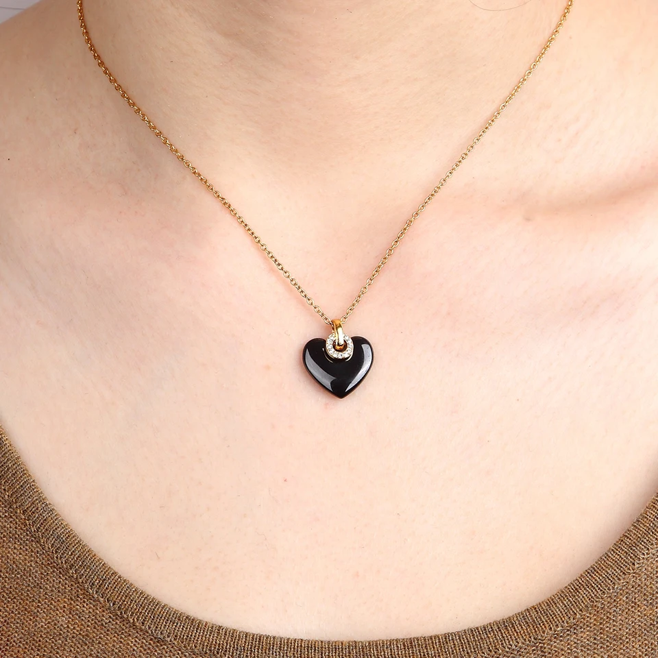 

New Fashion Jewelry Black And White Heart Ceramic Crystal Pendant Necklaces With Women's Stainless Steel Necklace & Pendants