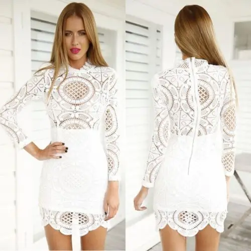 

New Fashion Women Sexy Elegant Lace Dress Hollow Out Lace Party Long Sleeve Knee-Length Dress