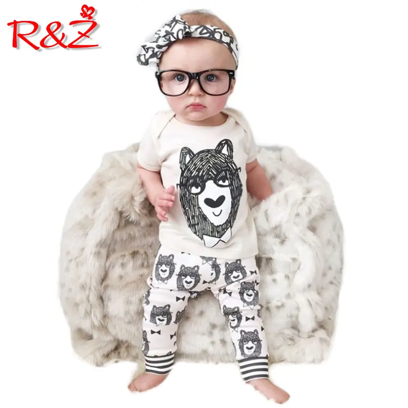 R&ampZ Newborn baby clothing set short t-shirt+pants 2pcs summer cotton tops printed cartoon monster kids boy's clothes |