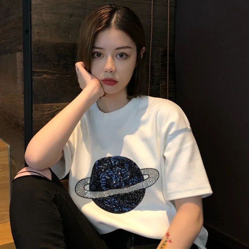 Женские футболки с блёстками Harajuku ulzzang корейские свободные коротким рукавом и