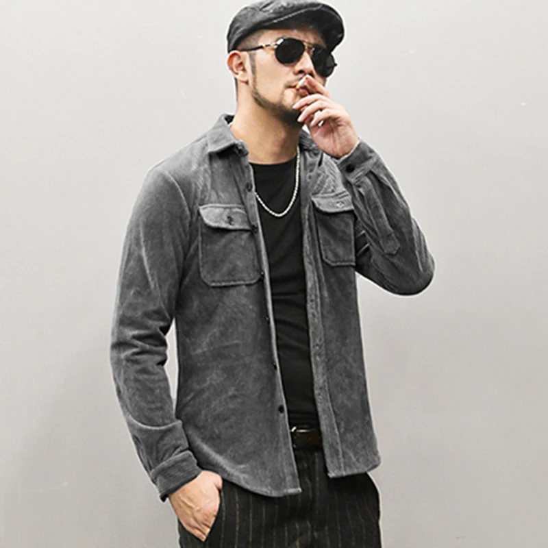 Men's Winter Dress Casual Corduroy European Style Long Sleeve Shirt New Slim Pockets Thickened Pure Cotton S896 | Мужская одежда
