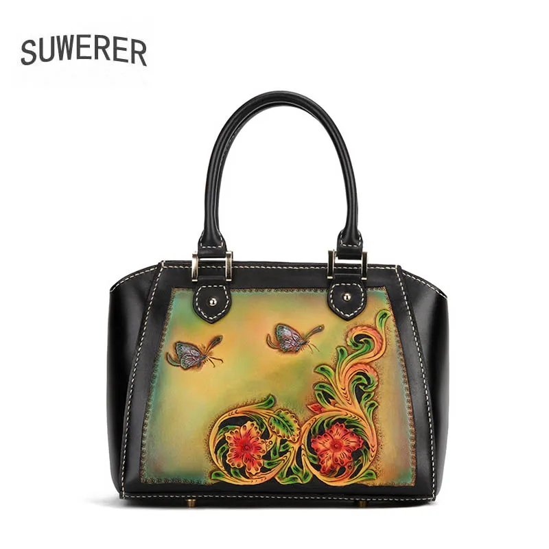 

SUWERER 2020 New women genuine leather bag cowhide Hand Carved fashion Luxury women handbags tote women leather shoulder bag