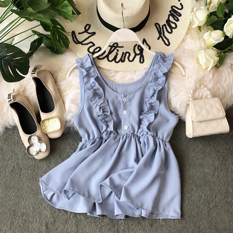 2019 Chiffon vest summer Fashion Leisure loose Shirts sleeveless Elastic waist Round neck Elegant Blouse aa992 | Женская одежда