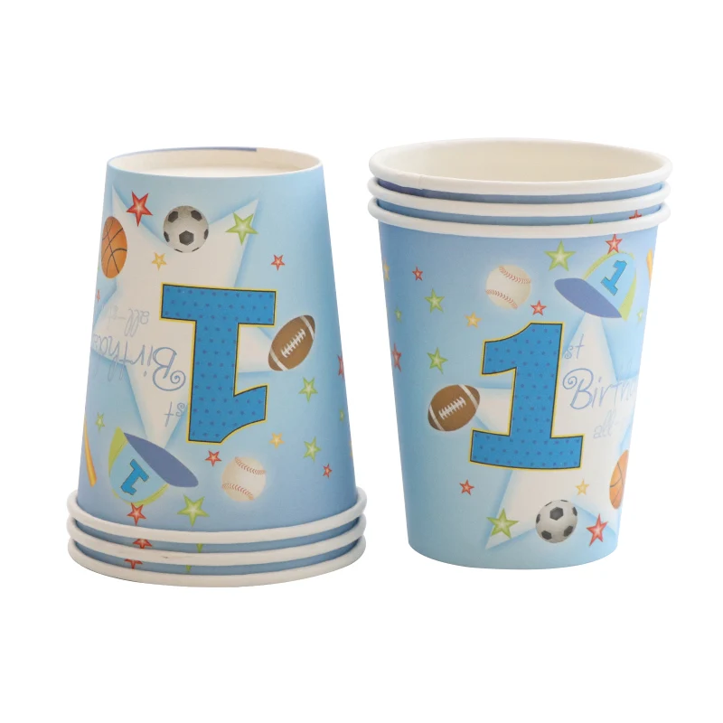 Cups X 6pcs 1 Набор бумажных тарелок с днем рождения для детей, чашки для празднования первого дня рождения, детские салфетки, флаги, вечерние столовые приборы - Цвет: Cups X 6pcs
