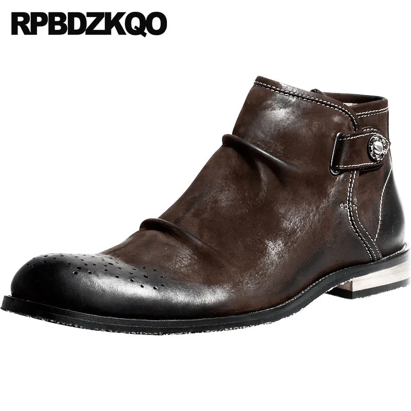

Handmade Retro Full Grain Designer Formal Mens Zipper Dress Boots Brown Brogue Booties Ankle Luxury Genuine Leather Shoes Fall