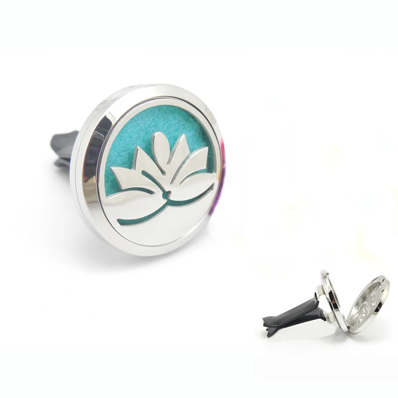 

New Design 30mm Stainless Steel lotus Aromatherapy Essential Oil Diffuser Perfume Locket Jewelry Clip for Car