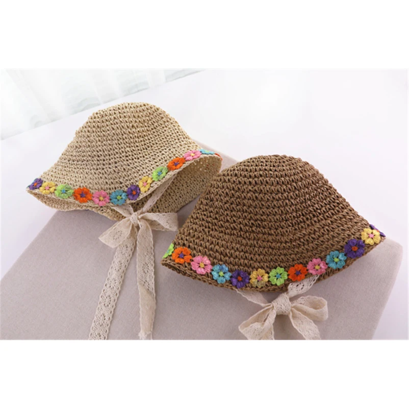 Adorable little girls sunflower embroidery straw cap casual kids simple beach hat for girls clothes accessories children hats
