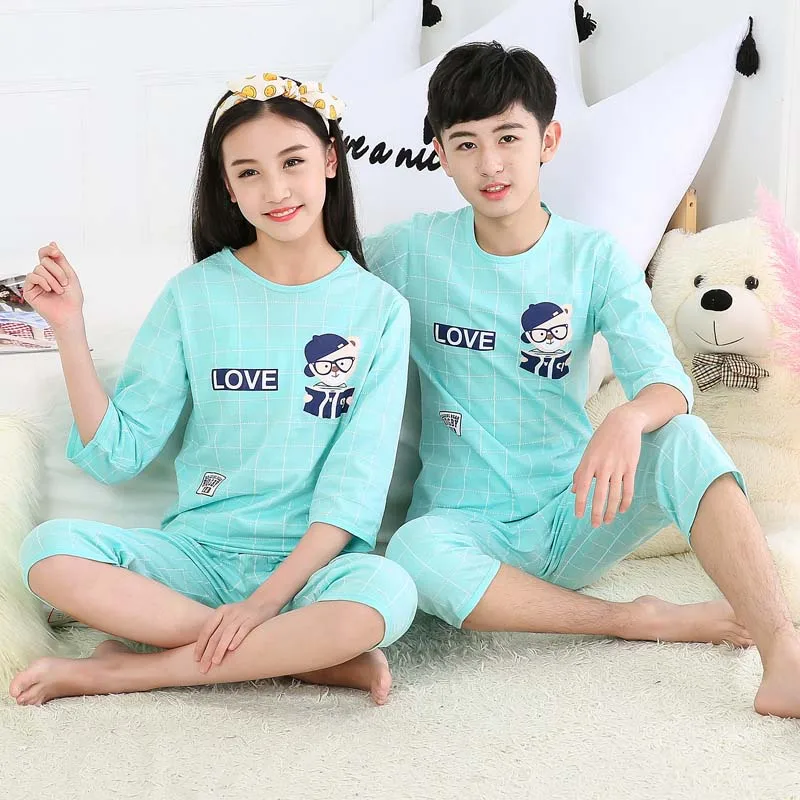 Light green bear Хлопковые пижамы для мальчиков и девочек летние шорты рукав Детские пижамы одежда для подростков, девочек одежда для мальчиков 10 лет комплект, Детская Пижама - Цвет: Light green bear