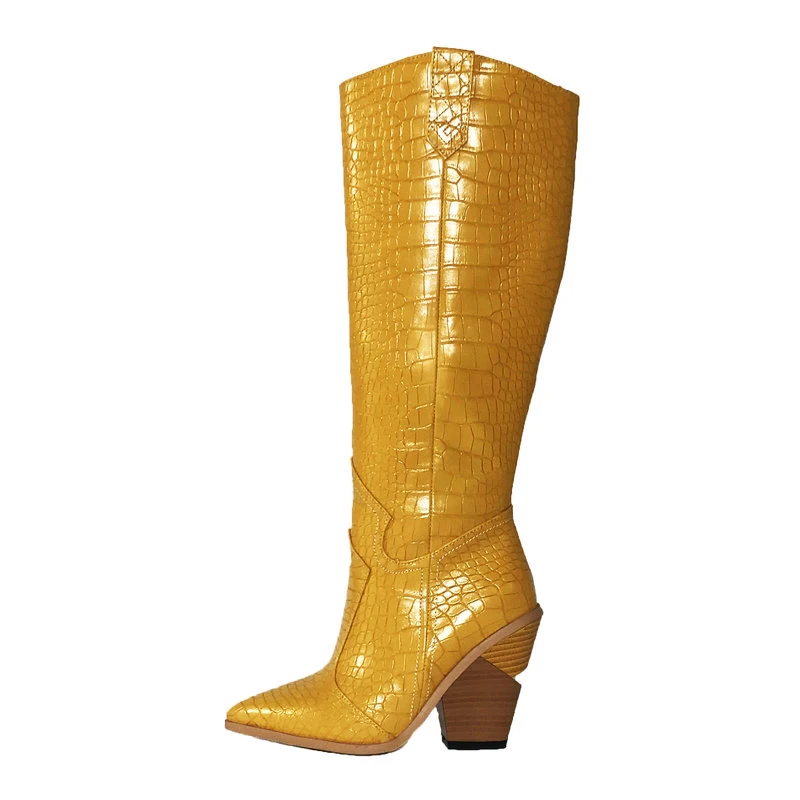 Желтые белые черные ковбойские сапоги Женские до колена с острым носком на