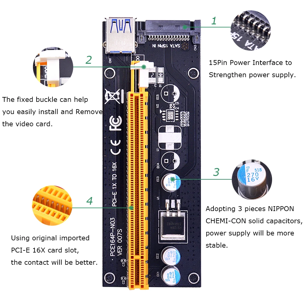CHIPAL 10 шт. черный VER007S 0 6 м PCIE 1X до 16X расширитель PCI E Райзер карта 15pin SATA источник