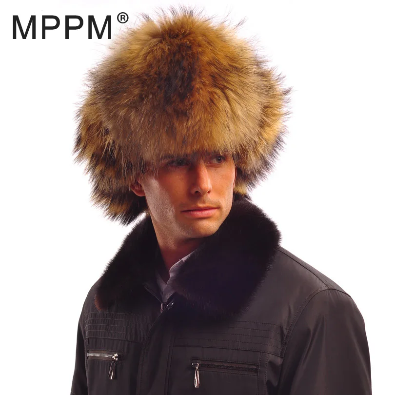 MPPM Real Raccoon Fur hat Bomber Hats Raccoon Fur Hats Women Men Warm Genuine Fur Female Brown Natural Fur Unisex Russian Bomber