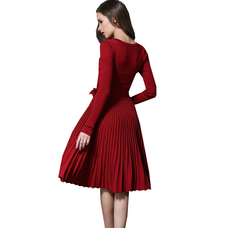 Женское трикотажное платье с V образным вырезом длинным рукавом|knitted dress|sweater