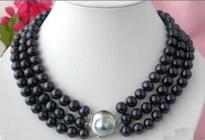 

new 3 ROW 7-8MM BLACK TAHITIAN PEARL NECKLACE 18-20 INCH SHELL CLASP