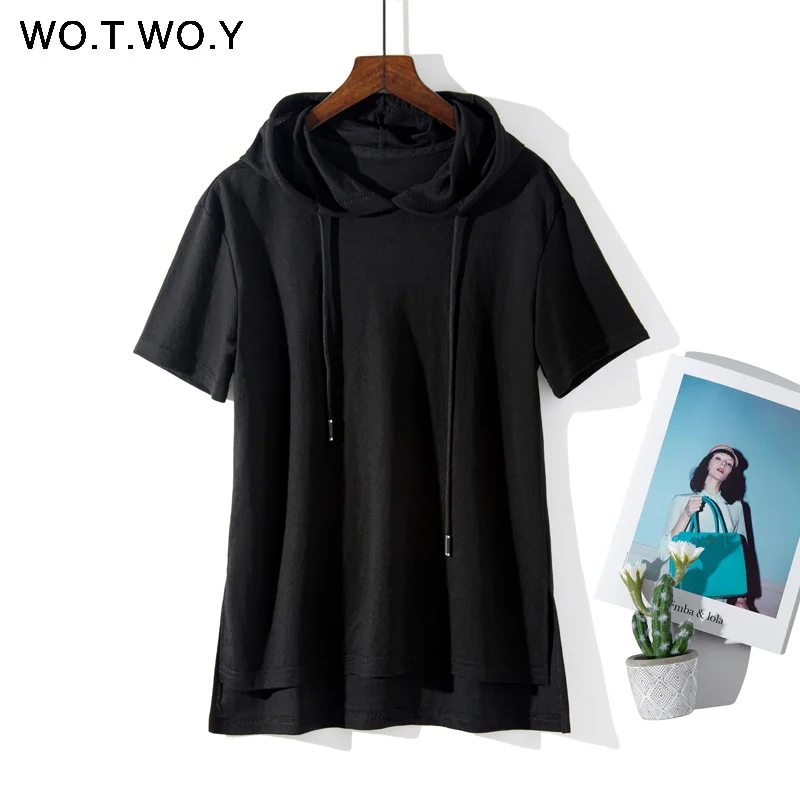 8218Black WOTWOY 9 красочных футболок с капюшоном для женщин летние хлопковые базовые повседневные свободные топы с коротким рукавом женские белые толстовки размера плюс - Цвет: 8218Black