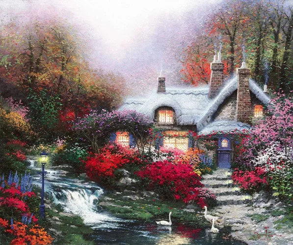 Фото Бесплатная доставка Классическая Картина на холсте Томаса реки дома красного