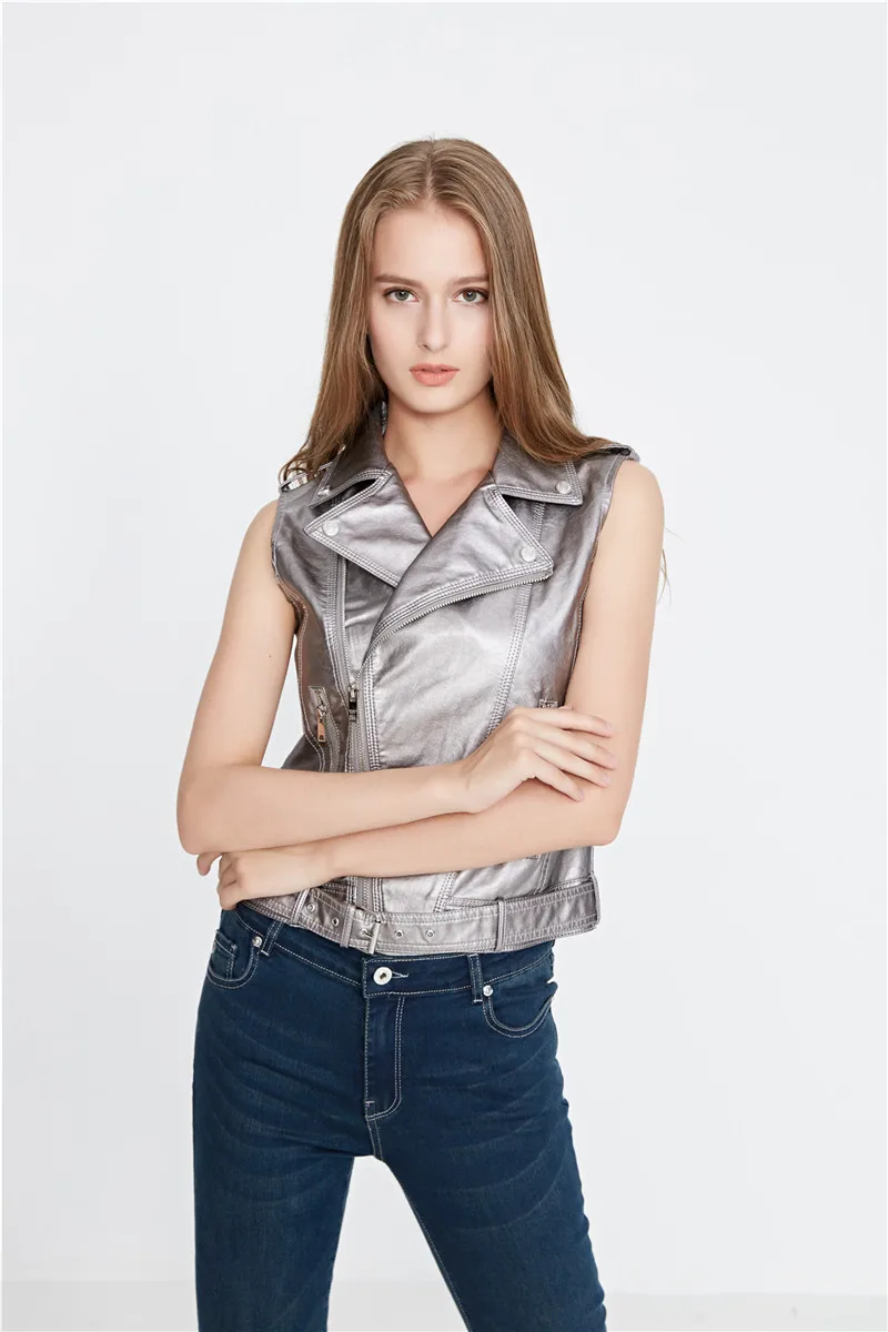 XJM001 Silver Женский кожаный жилет без рукавов кожаная куртка с отложным воротником и карманами colete feminino жилет из искусственной кожи пальто - Цвет: XJM001 Silver
