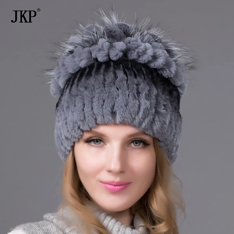 

New Rex rabbit fur hat knitted hat striped knit stitching Rex fox fur top free shipping