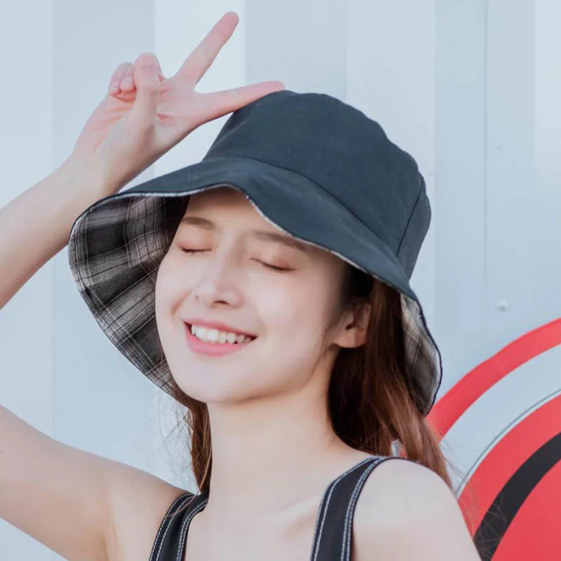 

Doitbest Summer women Bucket fishing Hats Sunscreen sun cap folding Double-sided wear Spring plaid lady's fisherman hat