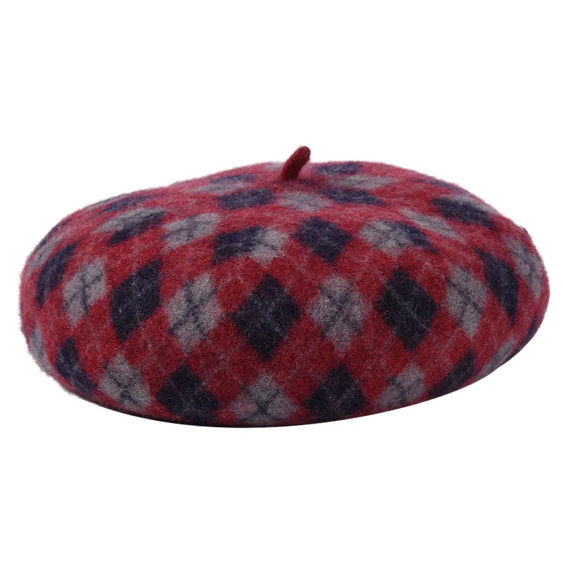 blueRed Шерсть головной убор в клетку шапки женские зимние женские новые модные Осенние Теплые Восьмиугольные кепки Ретро маляр шляпа - Цвет: blueRed