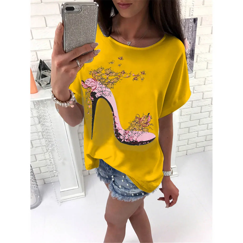 

Women Blouse T Shirt 2019 Summer Women Short Sleeve High Heels Printed Tops Beach Casual Loose Blouse Top T-Shirt For Women