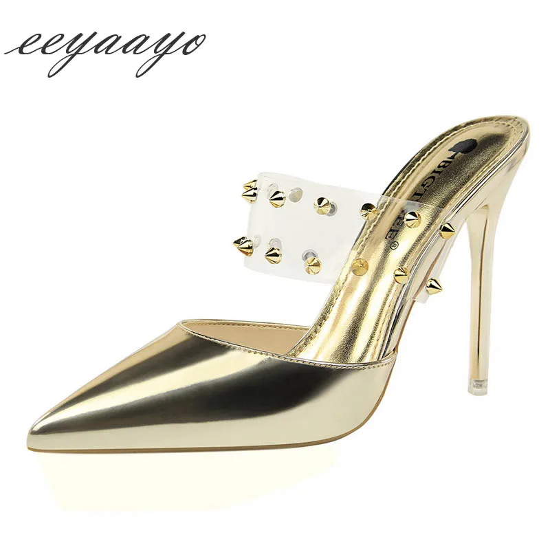 2019 New Summer Women Mules Slippers High Thin Heel Pointed Toe Metal Rivet Sexy Ladies Shoes Gold Outside Slides | Обувь