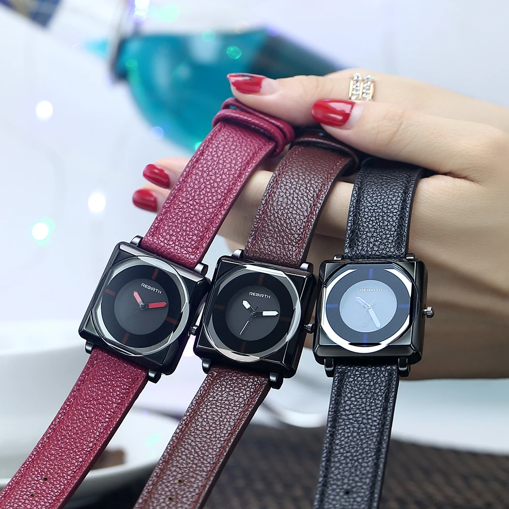 

REBIRTH Top Brand Square Women Bracelet Watch Contracted Leather Crystal WristWatches Women Dress Ladies Quartz Clock