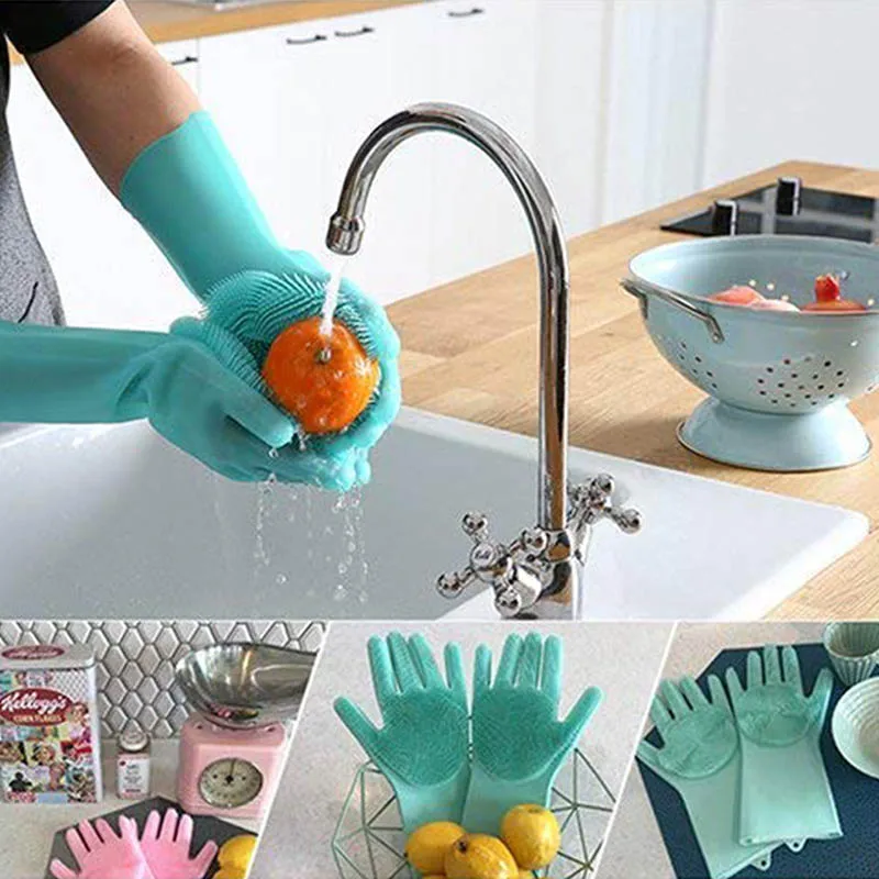 

TEENRA A Pair Magic Silicone Cleaning Gloves Dusting Dish Washing Silicone Cleaning Scrubber Gloves Cleaning Brush Kitchen Tools