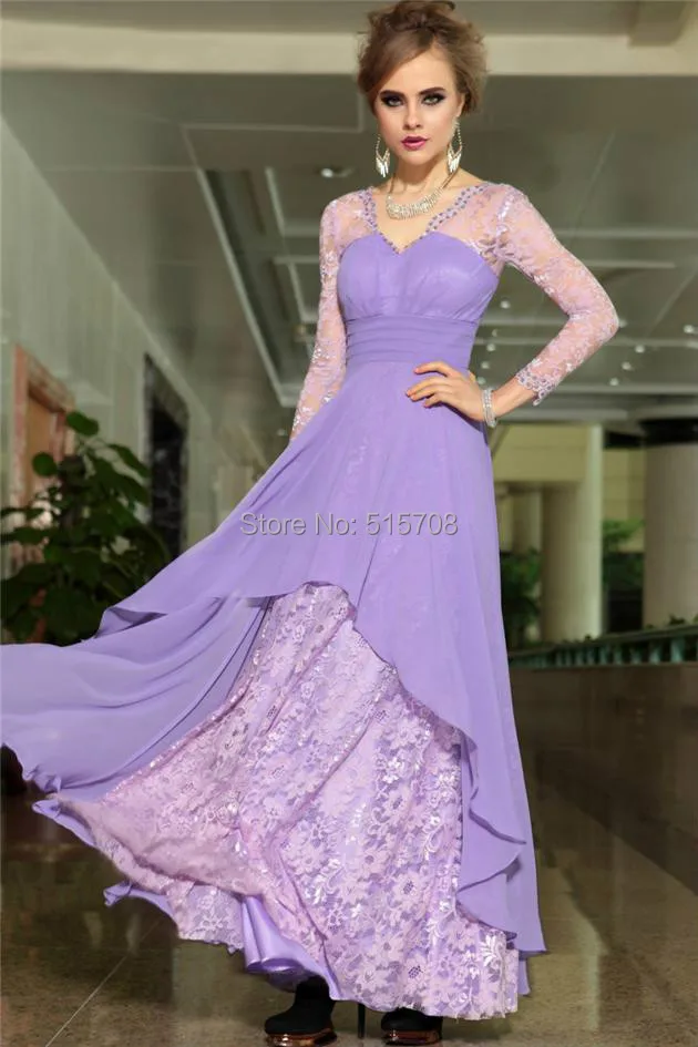 

New Arrival Long Sleeve Lace Chiffon Evening Dresses V Neck Floor length The back Zipper Purple Long Formal Party Prom Dress