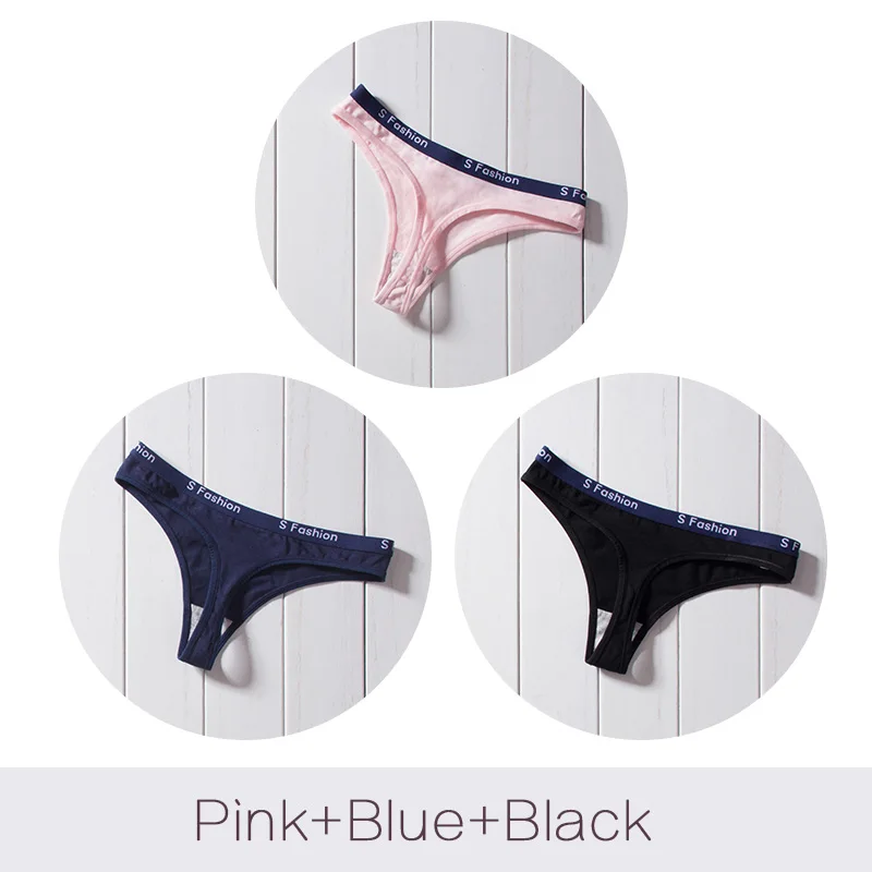 Pink Blue Black Сексуальные хлопковые трусики-стринги, женское нижнее белье, низкая талия, Т-образный вырез, для женщин, мягкое женское нижнее белье, DULASI, 3 шт./лот, трусы - Цвет: Pink Blue Black