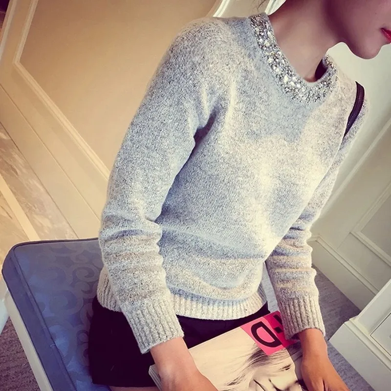 2018 Модный женский свитер с бусинами и круглым вырезом однотонный Повседневный