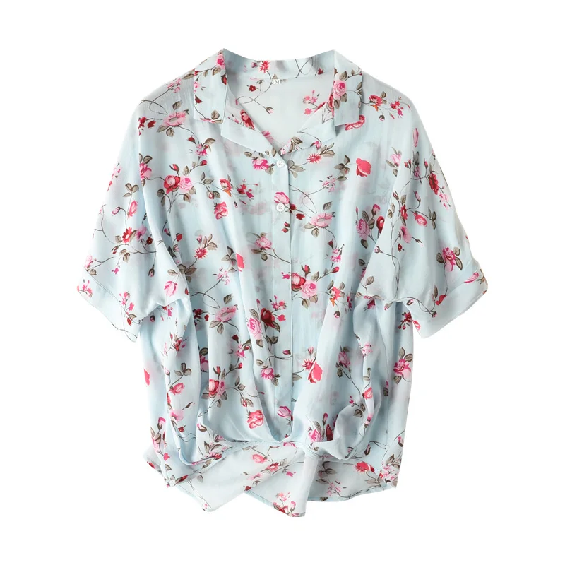 Women Blouse REAL SILK Crepe Floral Print Blouse Shirt Half Sleeved Office Lady Blouses Summer Shirt