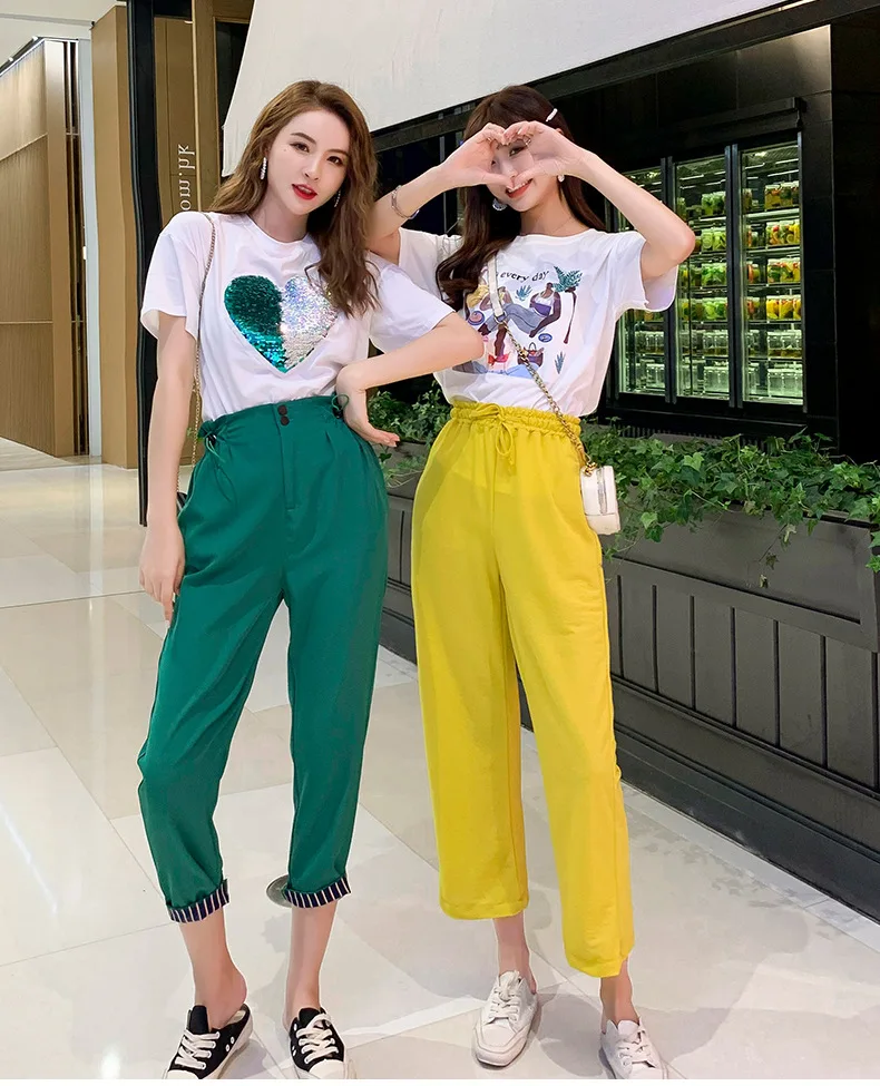 Новые летние bestie наряд веб-знаменитости 2 шт. и сердцами из пайеток футболки с