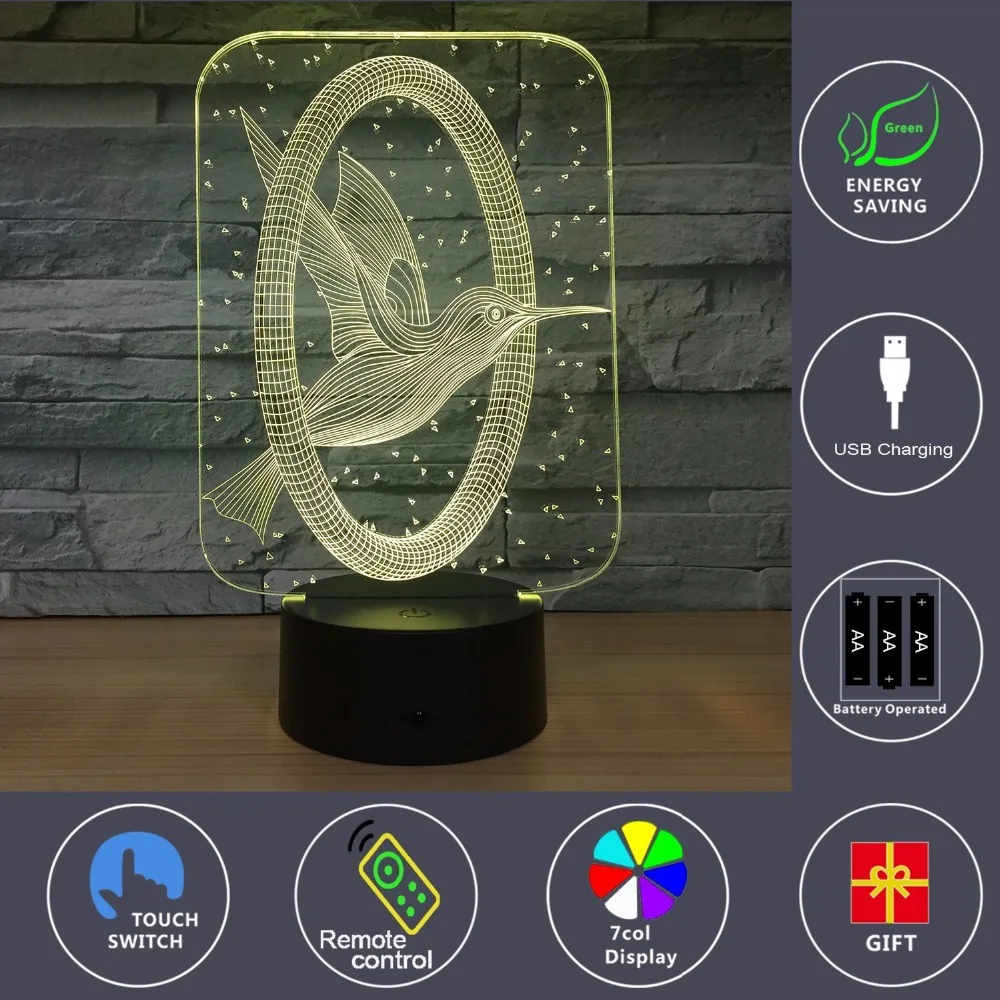 3d ночной Светильник Hummingbird домашние украшения 7 цветов изменение цвета с