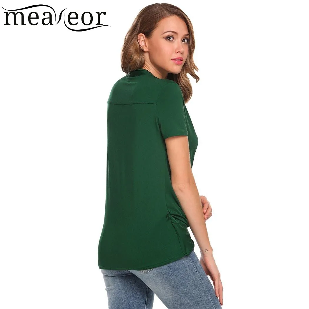 Женские футболки Meaneor повседневные однотонные с коротким рукавом и драпировкой