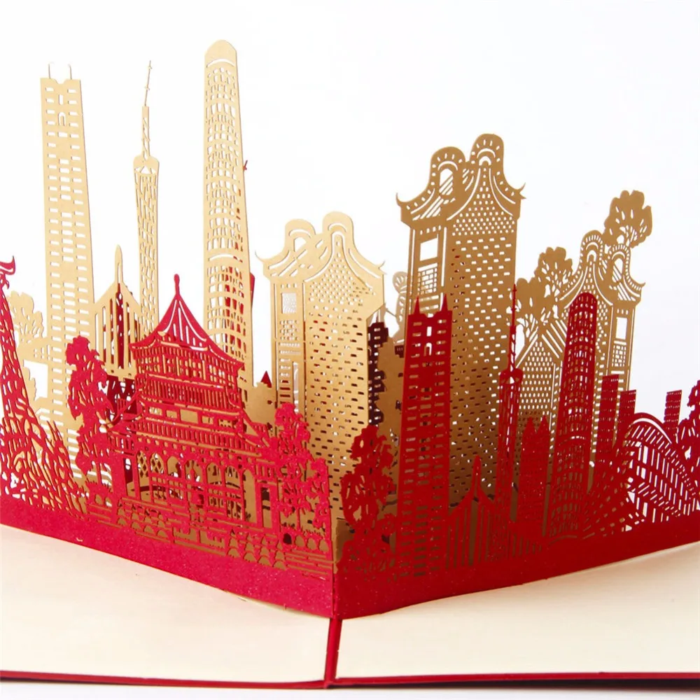 3D Шанхай всплывающие поздравительные карты с конвертом лазерная резка Китай