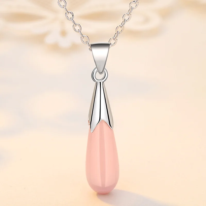 Solid 925 Sterling Silver Tone Teardrop Necklace Natural Pink Crystal Moonstone Neclaces for Women Colar Feminino Cruz SN005 | Украшения и