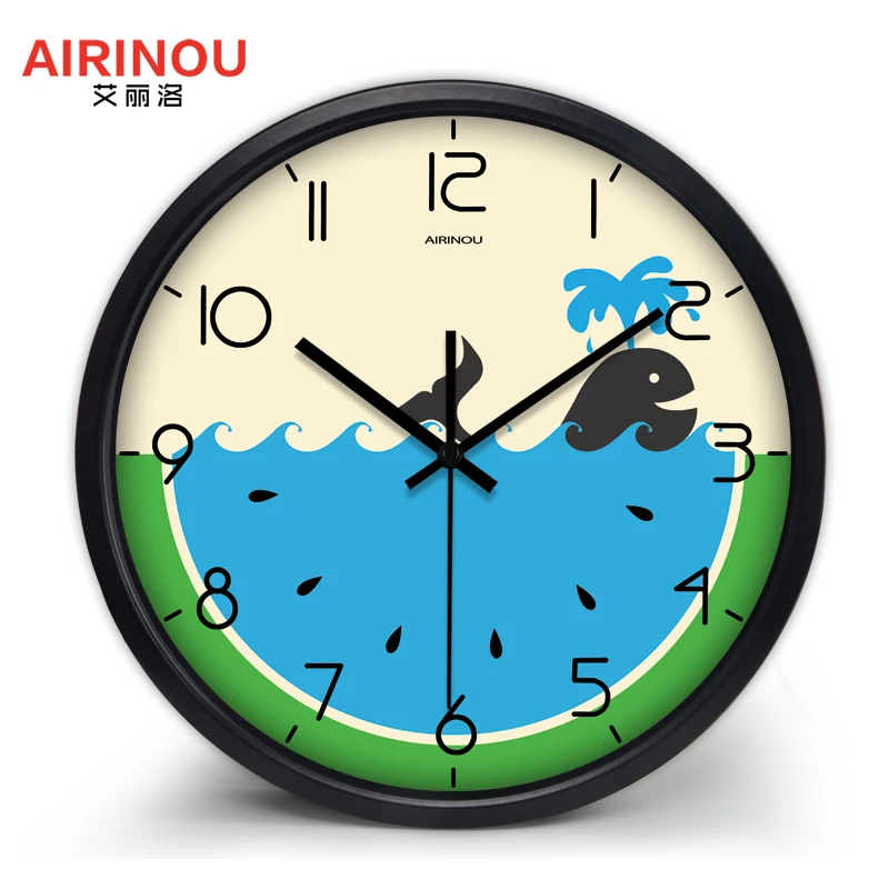 Airinou новые Мультяшные настенные часы с рисунком арбуза и Кита бесшумный дизайн