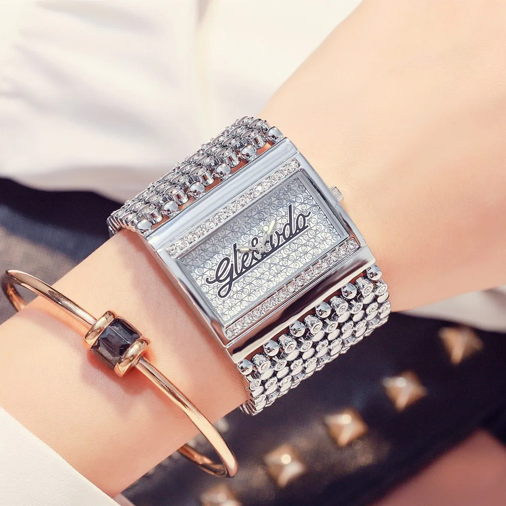 

G&D Luxury Womens Watches 2018 Silver Stylish Rectangle Crystal Ladies Bracelet Watch Quartz Wristwatches relogio feminino Clock