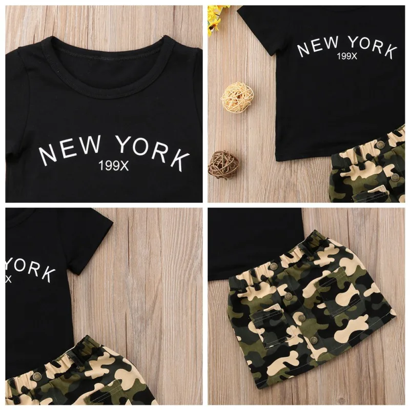 Children's Sets Summer Girls T-shirt Skirts Set New York Print Casual Camouflage Dress Clothes | Мать и ребенок