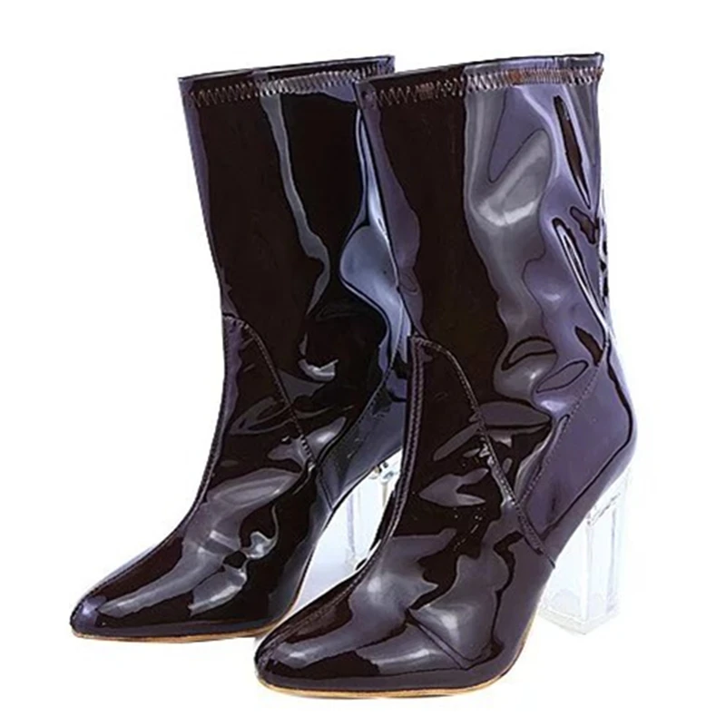 Мода ПВХ Лакированной Кожи Perspex Ясно Ботильоны Твердые Сексуальные Высокий