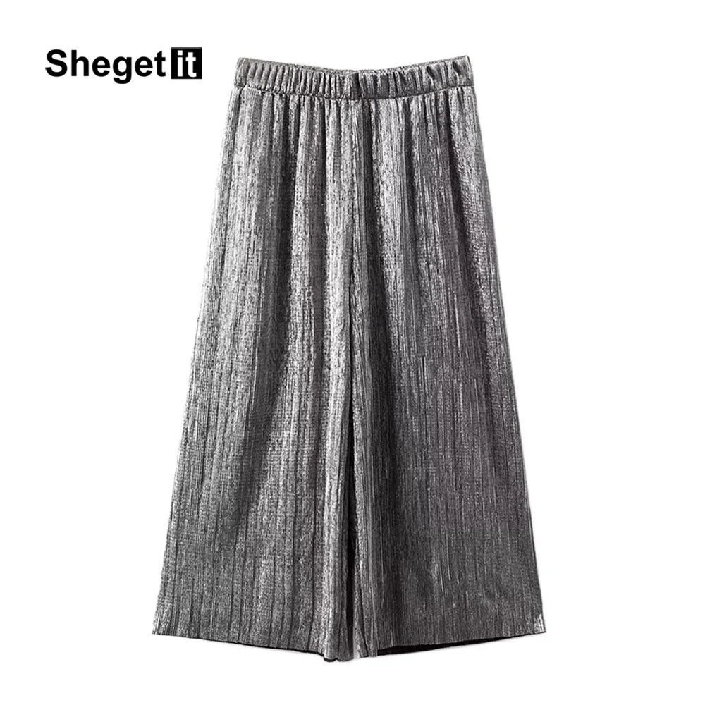 Shegetit элегантные блестящие плиссированные Широкие брюки Для женщин Мотобрюки