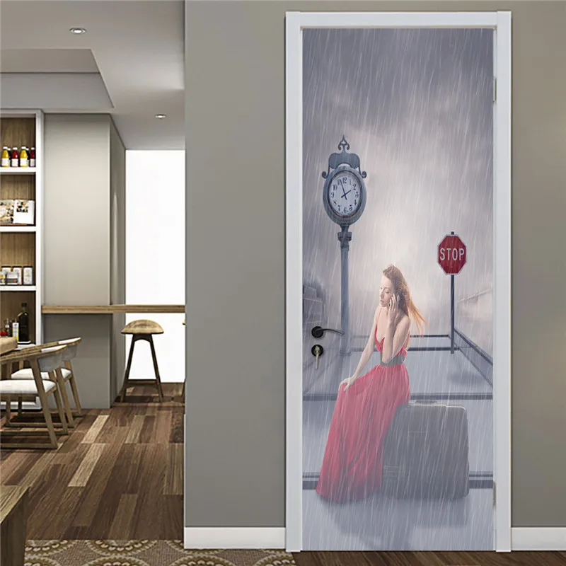 Removable Door Stickers Beautiful Woman In The Rain Waterproof Living Room Bathroom Wallpaper Self-adhesive Gate Art Mural | Дом и сад