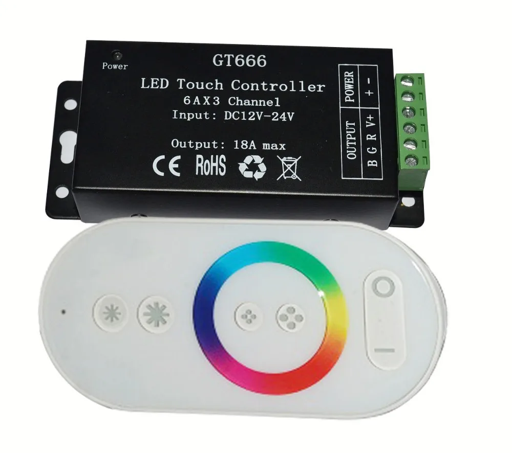 

RGB LED controller with WHITE RF touch remote;DC12-24V input;6A*3CH output