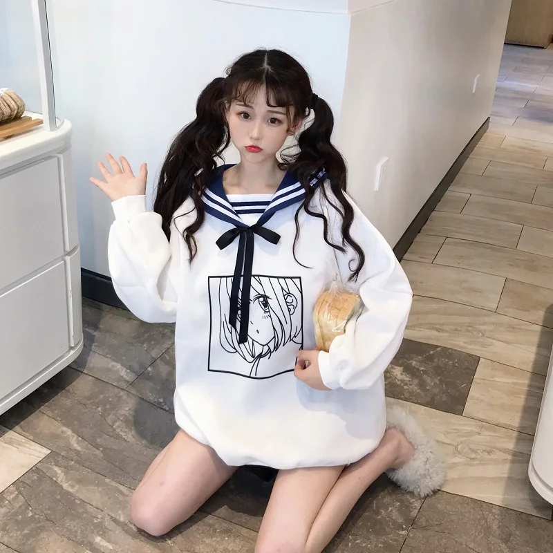 Женские зимние теплые толстовки Harajuku с мультипликационным принтом Kawaii пуловеры