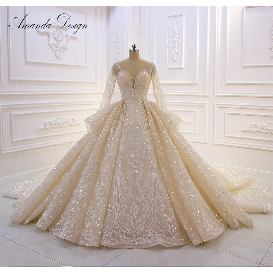 Аманда дизайн abito da sposa полный рукав хрустальные бусины плиссированные шампанское роскошное свадебное платье